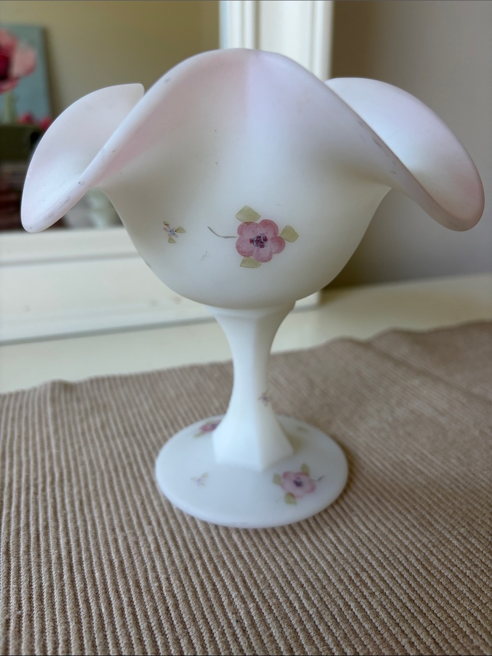 Fenton Hand-Painted White and Pink Floral Art Glass Vase